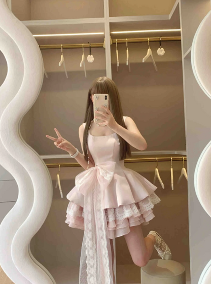 Sweet Light Pink Square Neck Wide Strap Multi Ruffle Lace Hem Satin A Line Short Homecoming Dress With Detachable Long Tulle Lace Bow AS1080