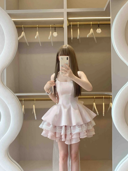 Sweet Light Pink Square Neck Wide Strap Multi Ruffle Lace Hem Satin A Line Short Homecoming Dress With Detachable Long Tulle Lace Bow AS1080