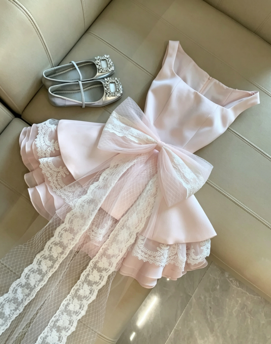 Sweet Light Pink Square Neck Wide Strap Multi Ruffle Lace Hem Satin A Line Short Homecoming Dress With Detachable Long Tulle Lace Bow AS1080
