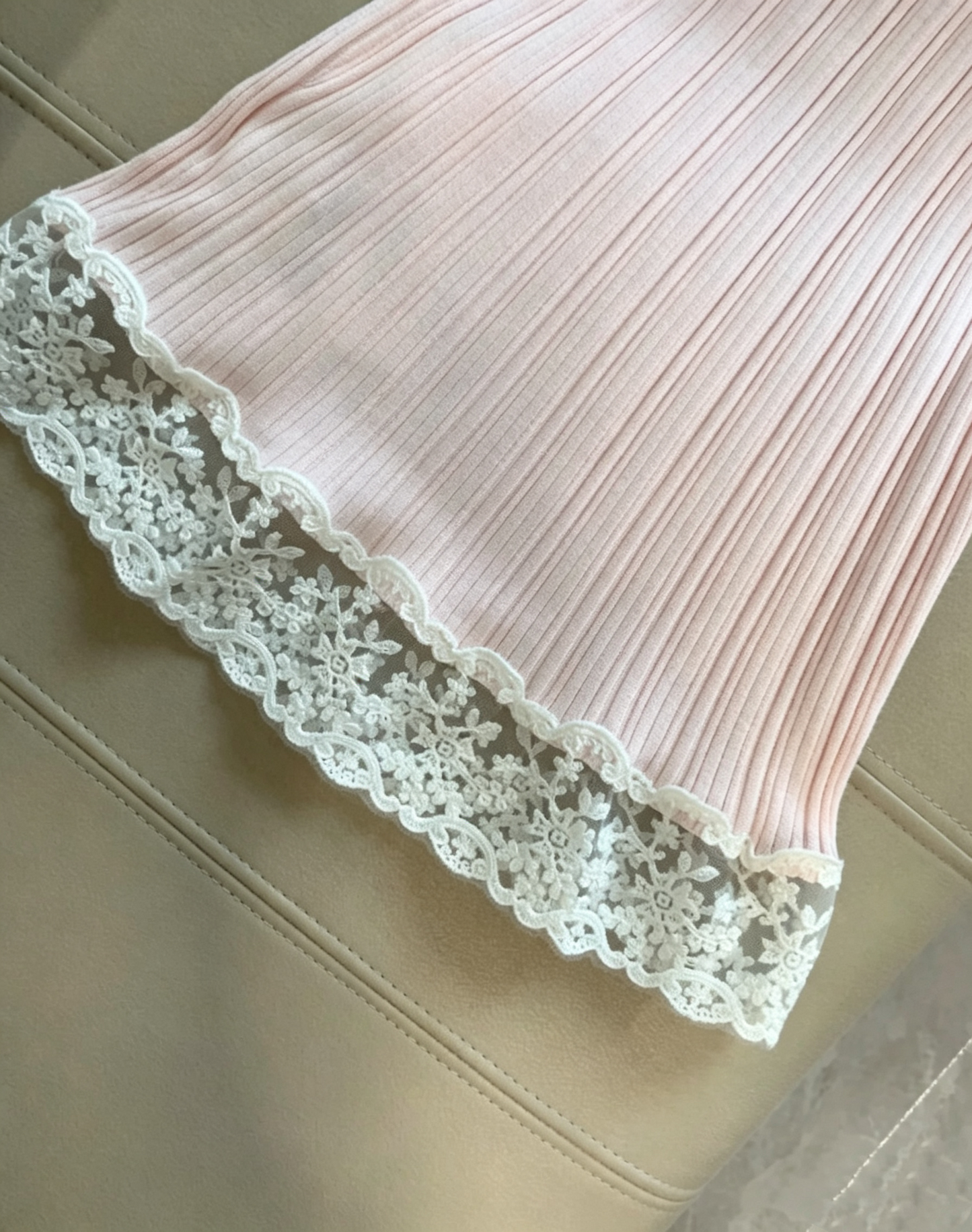 Soft Light Pink Self-Tie Spaghetti Strap Floral Lace Trim Vertical Ribbed Bodycon Mini Homecoming Dress AS1081