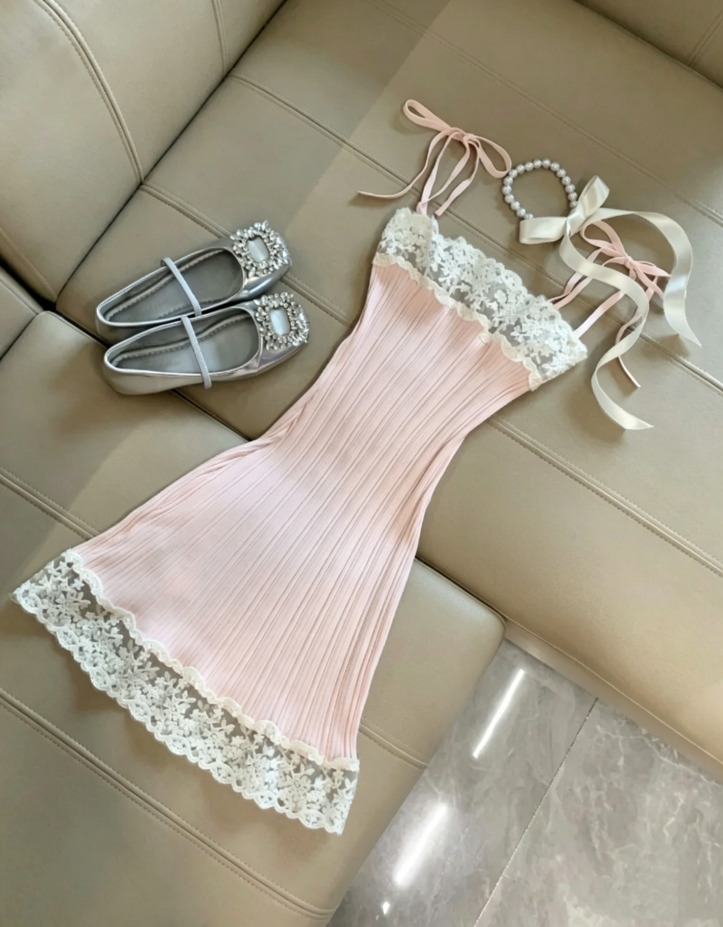 Soft Light Pink Self-Tie Spaghetti Strap Floral Lace Trim Vertical Ribbed Bodycon Mini Homecoming Dress AS1081