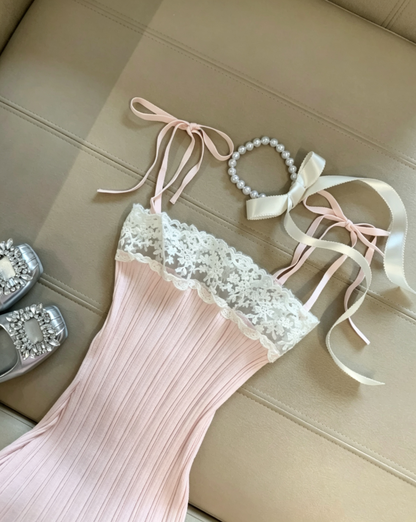 Soft Light Pink Self-Tie Spaghetti Strap Floral Lace Trim Vertical Ribbed Bodycon Mini Homecoming Dress AS1081