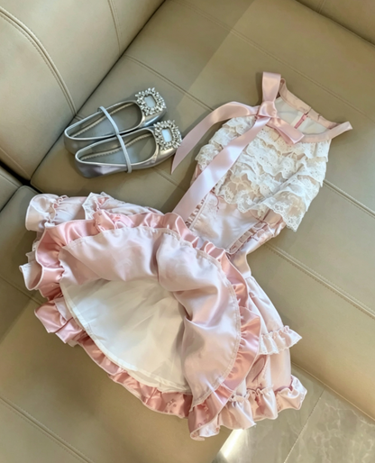 Romantic Light Pink Floral Print Halter Neck Bow Multi-Layer Lace Bodice Ruffle Hem Satin Short A Line Homecoming Dress AS1082