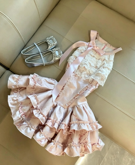 Romantic Light Pink Floral Print Halter Neck Bow Multi-Layer Lace Bodice Ruffle Hem Satin Short A Line Homecoming Dress AS1082