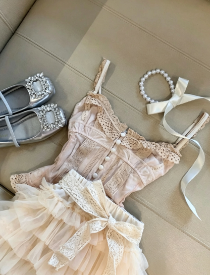 Romantic Blush Two Piece Lace Trim Spaghetti Strap Corset Top + Cream Multi-Layer Tulle Mini A Line Skirt With Lace Bow Homecoming Dress AS1083