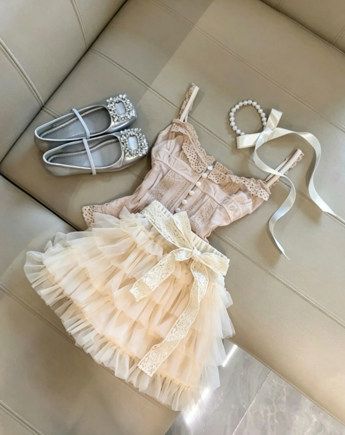 Romantic Blush Two Piece Lace Trim Spaghetti Strap Corset Top + Cream Multi-Layer Tulle Mini A Line Skirt With Lace Bow Homecoming Dress AS1083