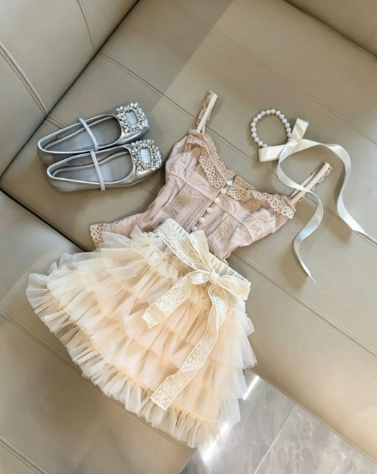 Romantic Blush Two Piece Lace Trim Spaghetti Strap Corset Top + Cream Multi-Layer Tulle Mini A Line Skirt With Lace Bow Homecoming Dress AS1083