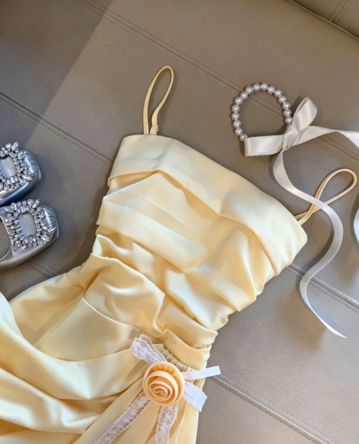 Fresh Butter Yellow Spaghetti Strap Side Ruched 3D Rose Lace Bow Long Chiffon Streamer Bodycon Mini Homecoming Dress AS1085
