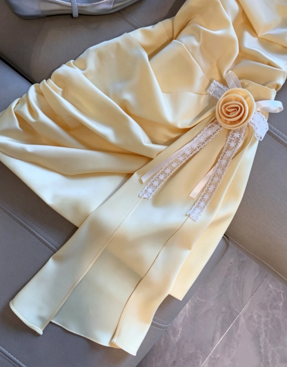 Fresh Butter Yellow Spaghetti Strap Side Ruched 3D Rose Lace Bow Long Chiffon Streamer Bodycon Mini Homecoming Dress AS1085