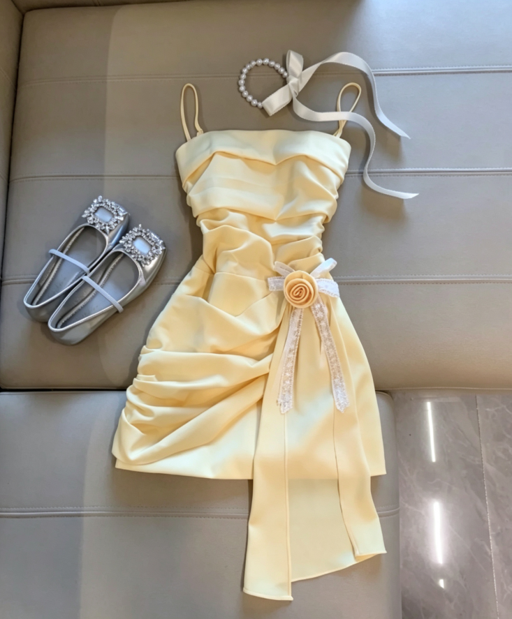 Fresh Butter Yellow Spaghetti Strap Side Ruched 3D Rose Lace Bow Long Chiffon Streamer Bodycon Mini Homecoming Dress AS1085