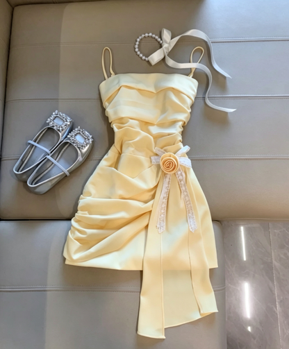 Fresh Butter Yellow Spaghetti Strap Side Ruched 3D Rose Lace Bow Long Chiffon Streamer Bodycon Mini Homecoming Dress AS1085
