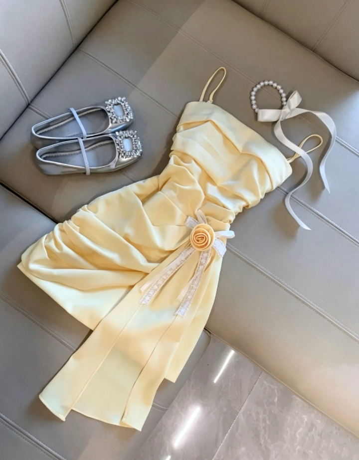 Fresh Butter Yellow Spaghetti Strap Side Ruched 3D Rose Lace Bow Long Chiffon Streamer Bodycon Mini Homecoming Dress AS1085