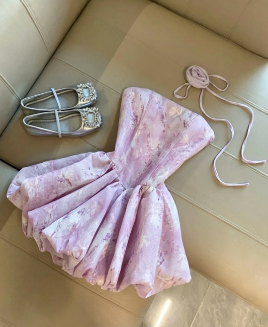 Dreamy Lavender Strapless Corset Watercolor Floral Print Voluminous Puff Skirt Short Homecoming Dress AS1086