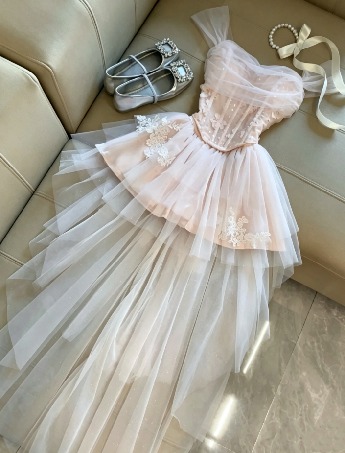 Chic Two-Tier Light Pink Off Shoulder Corset 3D Floral Lace Applique Overlay Asymmetric Long Tulle Tail Tulle Short A Line Homecoming Dress AS1087