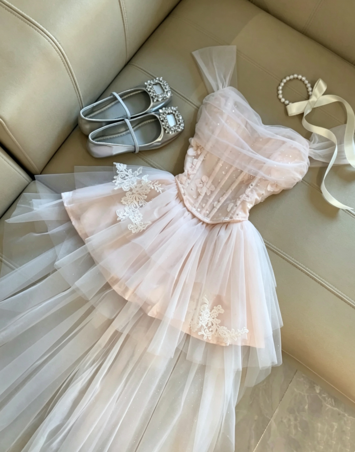 Chic Two-Tier Light Pink Off Shoulder Corset 3D Floral Lace Applique Overlay Asymmetric Long Tulle Tail Tulle Short A Line Homecoming Dress AS1087