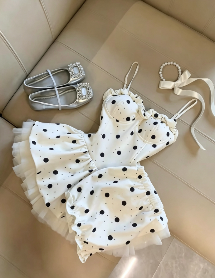 Vintage White Spaghetti Strap Ruffle Sweetheart Neck Black Polka Dot Tulle Underlayer A Line Bubble Short Homecoming Dress AS1088