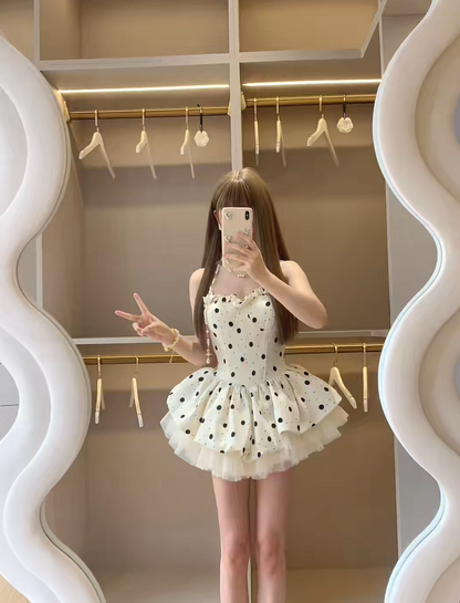 Vintage White Spaghetti Strap Ruffle Sweetheart Neck Black Polka Dot Tulle Underlayer A Line Bubble Short Homecoming Dress AS1088