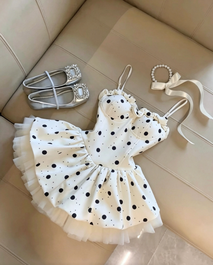 Vintage White Spaghetti Strap Ruffle Sweetheart Neck Black Polka Dot Tulle Underlayer A Line Bubble Short Homecoming Dress AS1088