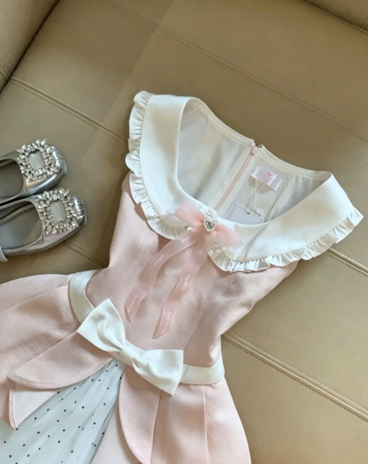 Sweet Light Pink Ruffle Peter Pan Collar Neck White Waist Bow Polka Dot Mesh Underskirt A Line Short Homecoming Dress AS1089