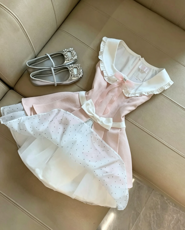 Sweet Light Pink Ruffle Peter Pan Collar Neck White Waist Bow Polka Dot Mesh Underskirt A Line Short Homecoming Dress AS1089