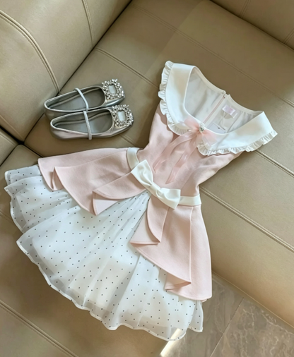 Sweet Light Pink Ruffle Peter Pan Collar Neck White Waist Bow Polka Dot Mesh Underskirt A Line Short Homecoming Dress AS1089