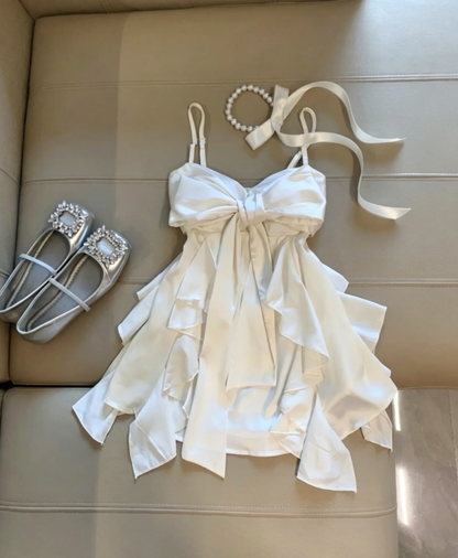 Romantic White Spaghetti Strap Oversized Front Satin Big Bow Multi-Layer Asymmetrical Ruffle Satin Skirt A Line Short Homecoming Dress AS1090