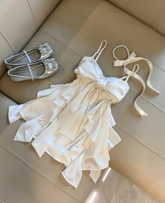 Romantic White Spaghetti Strap Oversized Front Satin Big Bow Multi-Layer Asymmetrical Ruffle Satin Skirt A Line Short Homecoming Dress AS1090