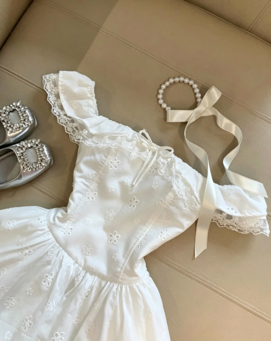Elegant White Off Shoulder Eyelet Floral Embroidery Tulle Underskirt A Line Short Homecoming Dress AS1091
