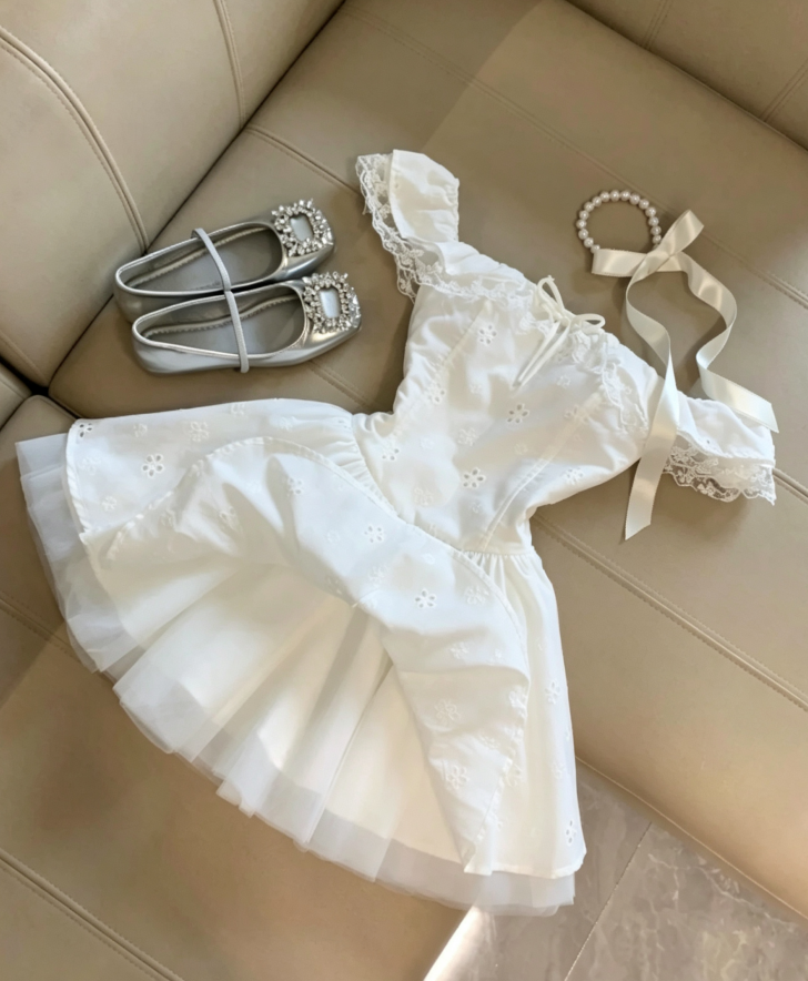 Elegant White Off Shoulder Eyelet Floral Embroidery Tulle Underskirt A Line Short Homecoming Dress AS1091