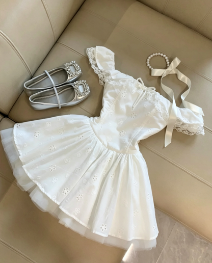 Elegant White Off Shoulder Eyelet Floral Embroidery Tulle Underskirt A Line Short Homecoming Dress AS1091