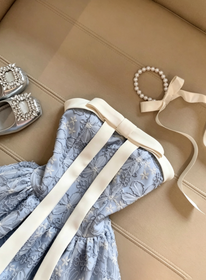 Garden Dusty Blue Strapless Ivory Satin Bow Floral Lace Embroidery Bubble Mini Homecoming Dress AS1092