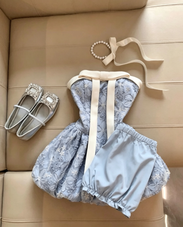 Garden Dusty Blue Strapless Ivory Satin Bow Floral Lace Embroidery Bubble Mini Homecoming Dress AS1092