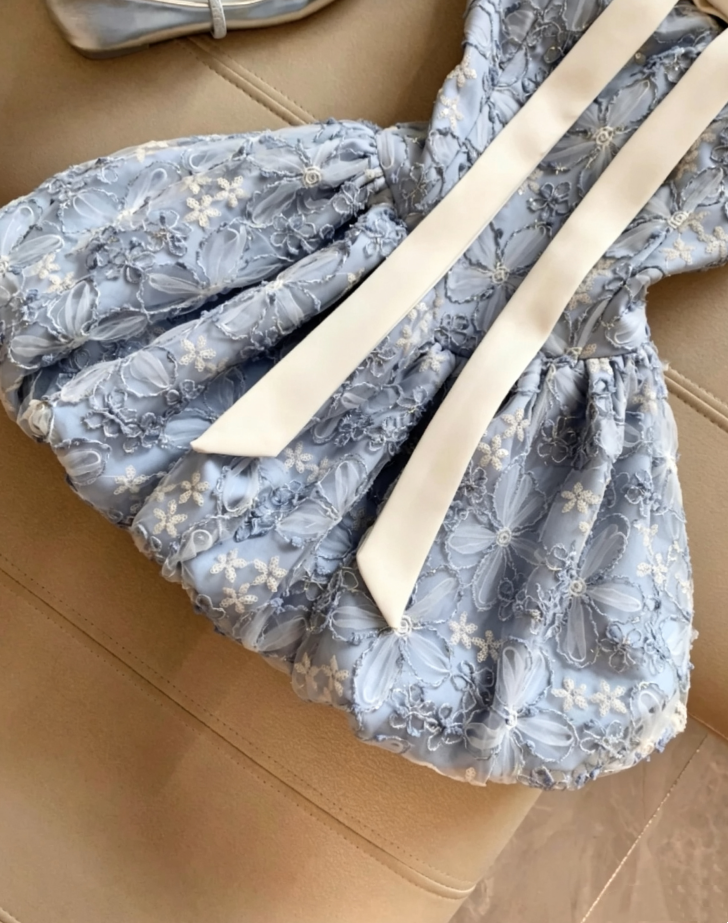 Garden Dusty Blue Strapless Ivory Satin Bow Floral Lace Embroidery Bubble Mini Homecoming Dress AS1092