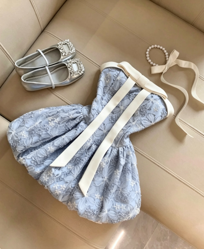 Garden Dusty Blue Strapless Ivory Satin Bow Floral Lace Embroidery Bubble Mini Homecoming Dress AS1092