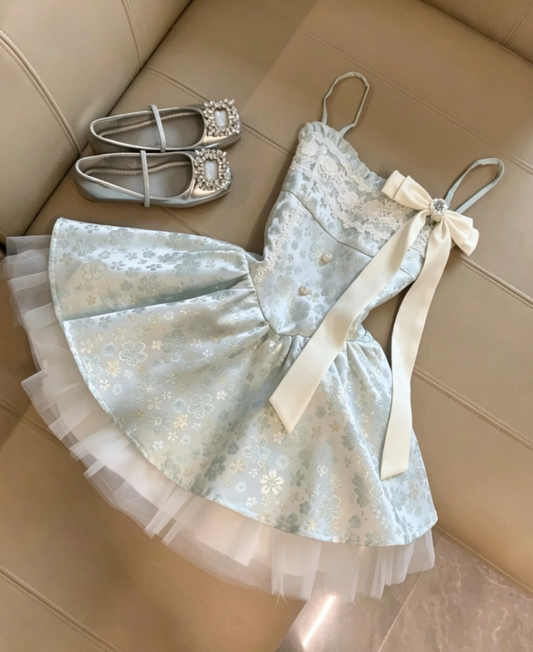 Romantic Mint Green Spaghetti Strap Lace Trim Bodice Bow Accent Floral Jacquard Stain Tulle Underskirt A Line Short Homecoming Dress AS1093