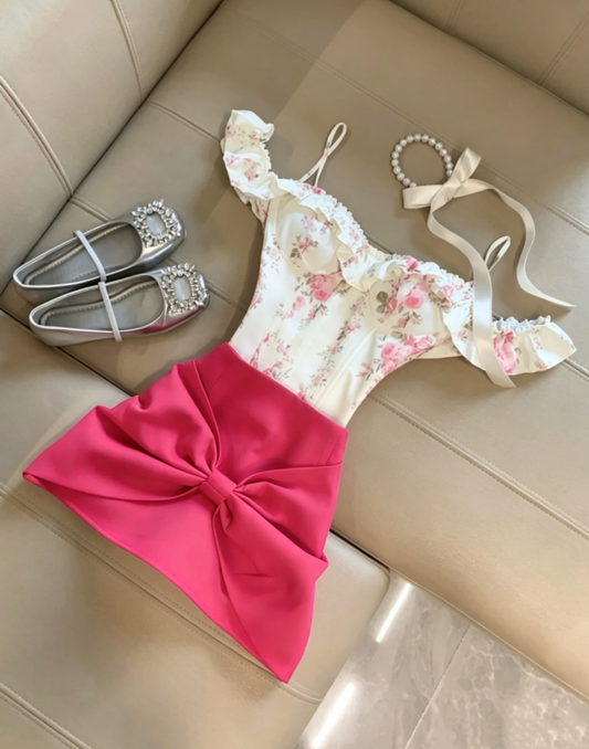 Coquette Two Piece Outfit White Floral Ruffle Off Shoulder + Hot Pink Oversized Front Bow Mini Bodycon Homecoming Dress AS1094