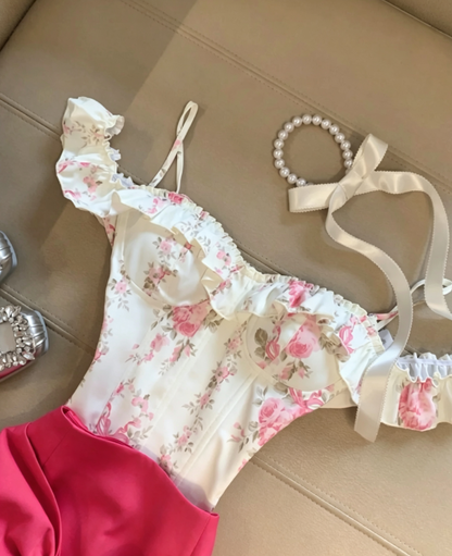 Coquette Two Piece Outfit White Floral Ruffle Off Shoulder + Hot Pink Oversized Front Bow Mini Bodycon Homecoming Dress AS1094