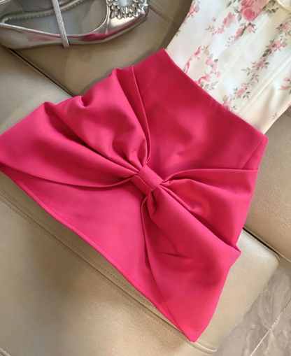 Coquette Two Piece Outfit White Floral Ruffle Off Shoulder + Hot Pink Oversized Front Bow Mini Bodycon Homecoming Dress AS1094