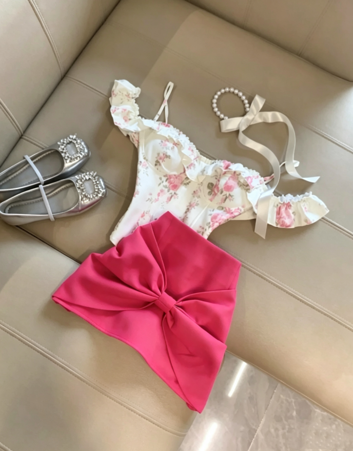Coquette Two Piece Outfit White Floral Ruffle Off Shoulder + Hot Pink Oversized Front Bow Mini Bodycon Homecoming Dress AS1094