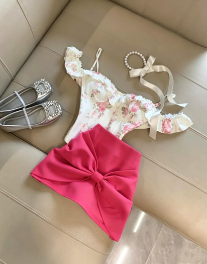 Coquette Two Piece Outfit White Floral Ruffle Off Shoulder + Hot Pink Oversized Front Bow Mini Bodycon Homecoming Dress AS1094