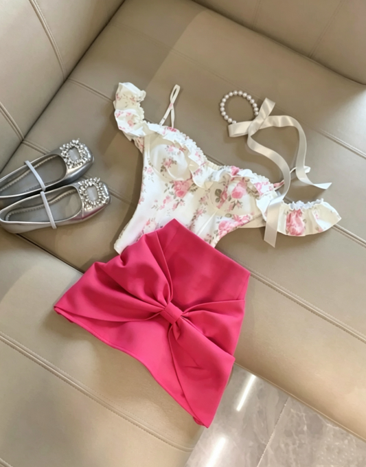 Coquette Two Piece Outfit White Floral Ruffle Off Shoulder + Hot Pink Oversized Front Bow Mini Bodycon Homecoming Dress AS1094