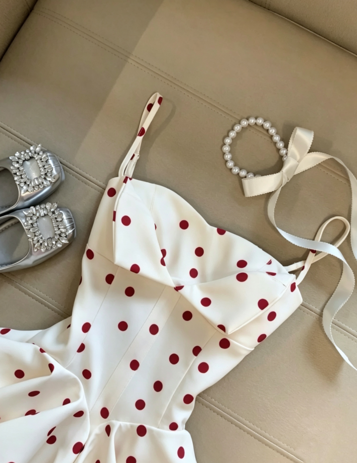 Vintage White Spaghetti Strap Red Polka Dot A Line Short Homecoming Dress AS1095
