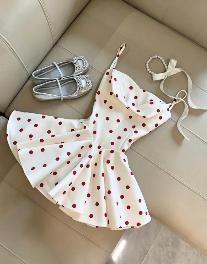 Vintage White Spaghetti Strap Red Polka Dot A Line Short Homecoming Dress AS1095