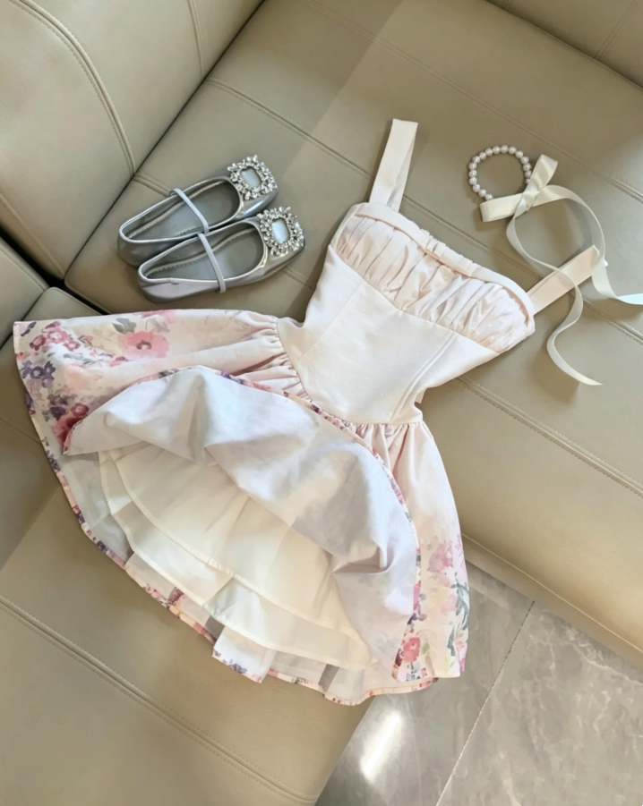 Dreamy Garden Blush Pink Wide Strap Ruched Bust Bodice Watercolor Floral Print Short Homecoming Dress AS1096