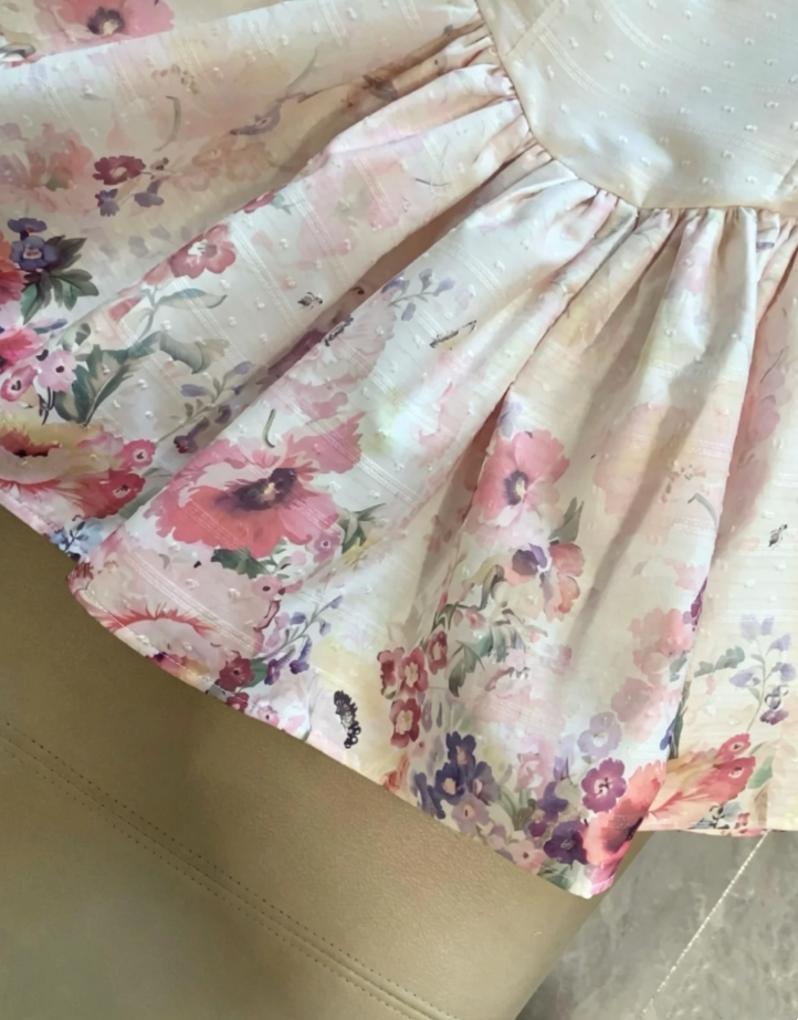 Dreamy Garden Blush Pink Wide Strap Ruched Bust Bodice Watercolor Floral Print Short Homecoming Dress AS1096