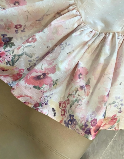 Dreamy Garden Blush Pink Wide Strap Ruched Bust Bodice Watercolor Floral Print Short Homecoming Dress AS1096