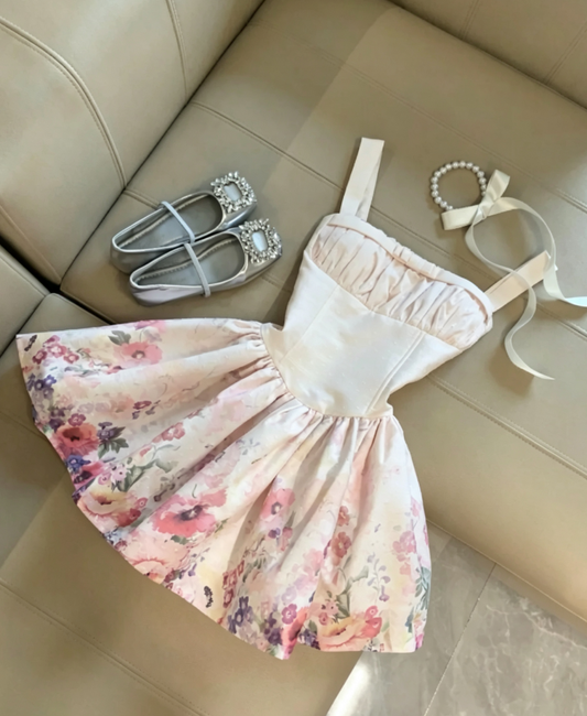Dreamy Garden Blush Pink Wide Strap Ruched Bust Bodice Watercolor Floral Print Short Homecoming Dress AS1096