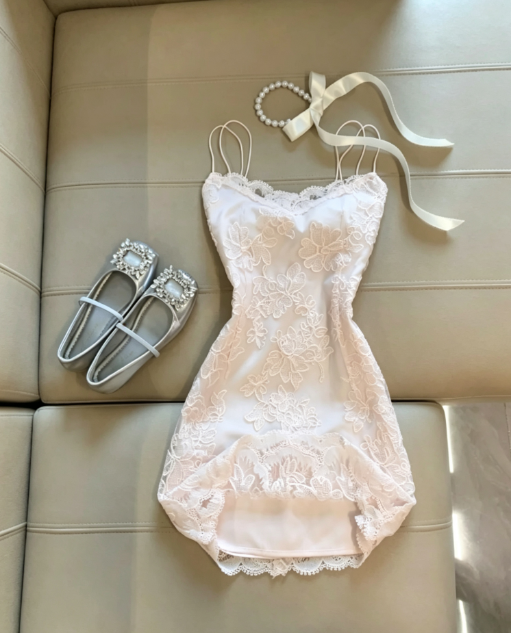 Romantic Ivory Spaghetti Strap V-Neck Lace Floral Appliqué Bodycon Short Homecoming Dress AS1097