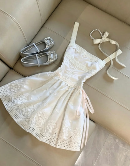 Elegant Ivory Square Neck Straps Lace Trim 3D Floral Applique A Line Short Homecoming Dress AS1098