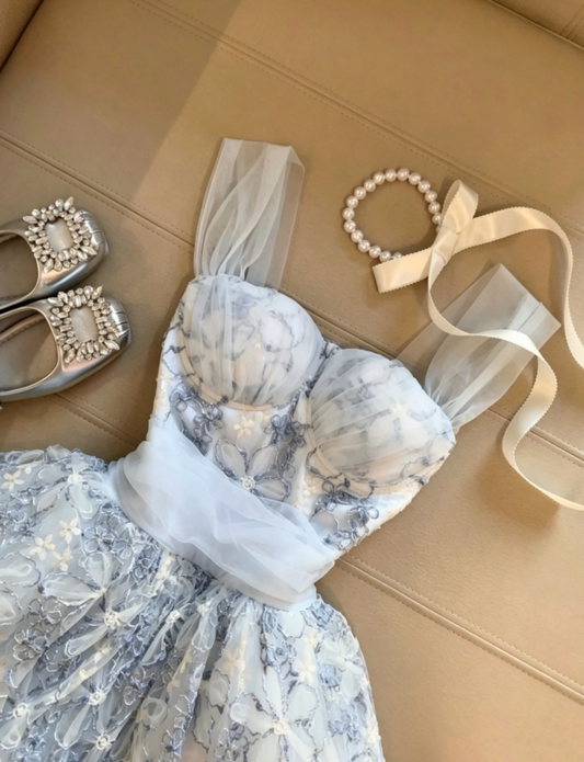 Dreamy Blue Sheer Tulle Straps 3D Floral Applique Voluminous Tulle Skirt A Line Short Homecoming Dress AS1099